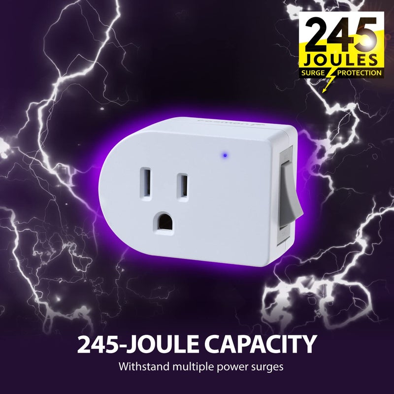 Fosmon Grounded Outlet with ON/Off Switch (2 Pack), 3 Prong Electrical Plug Outlet Extender Switch, 245J Single Port Power Adapter Surge Protector, 15A Circuit Breaker, White, ETL Listed - Image 3